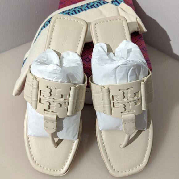 Tory Burch CROC EMBOSSED Georgia Sandal New Cream MANY SIZES - Picture 3 of 6